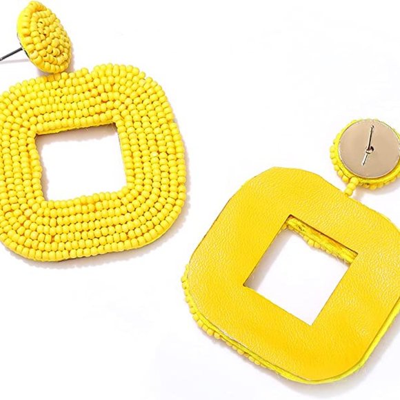 Oversized Yellow Handmade Beaded Dangle Earrings Post New Handcrafted Summer - Picture 3 of 5